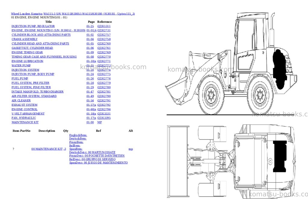 Komatsu wa115-3 s/n wa115h30051-wa115h30180 / h30181 - up Parts catalog cover