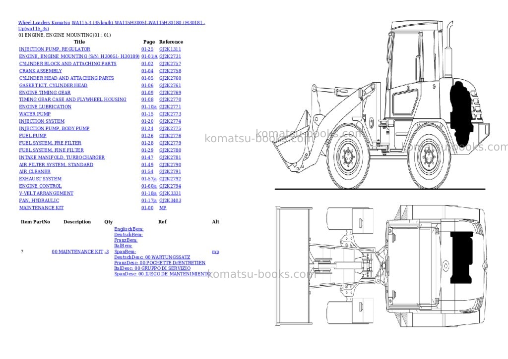 Komatsu wa115-3 35 km/h wa115h30051-wa115h30180 / h30181 - up Parts catalog cover Komatsu wa115-3 35 km/h wa115h30051-wa115h30180 / h30181 - up Parts catalog cover
