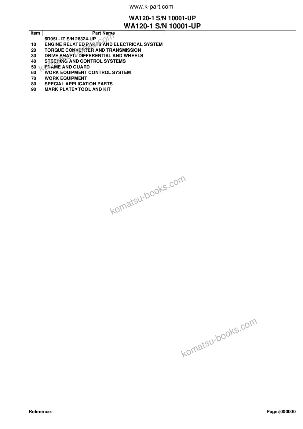 Komatsu wa120-1 s/n 10001-up Parts catalog cover