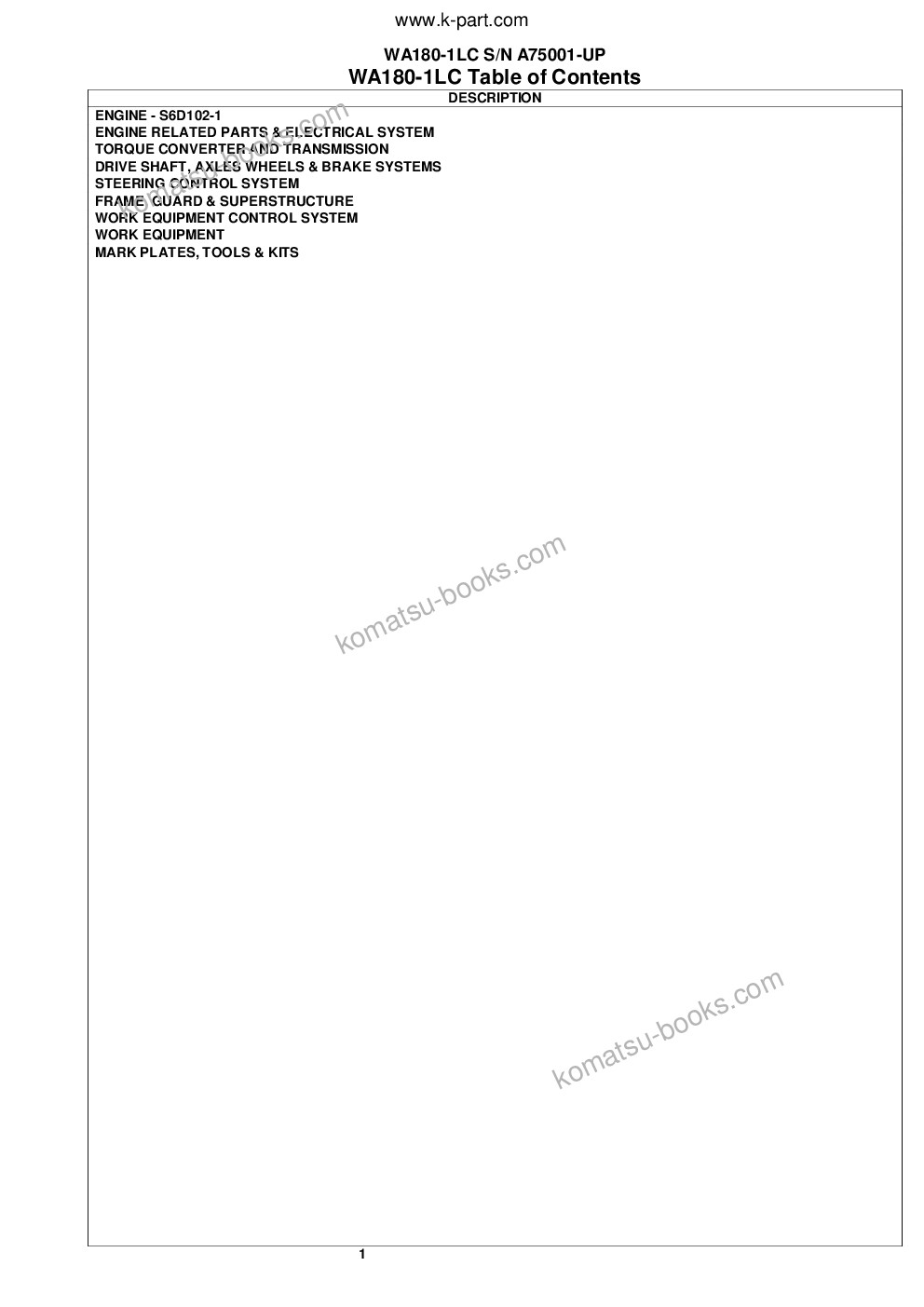 Komatsu wa180-1lc s/n a75001-up Parts catalog cover Page 2