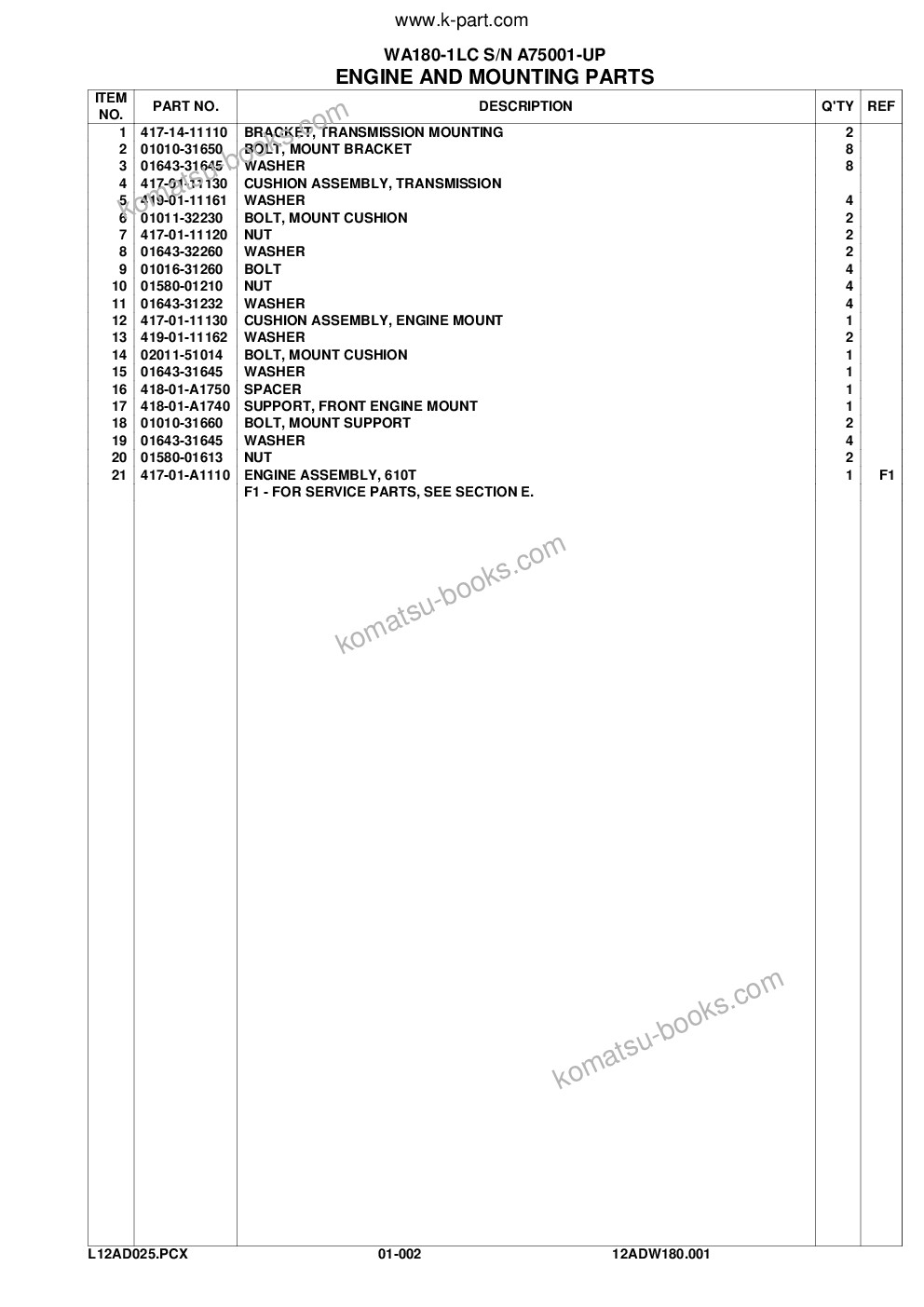 Komatsu wa180-1lc s/n a75001-up Parts catalog cover Page 5