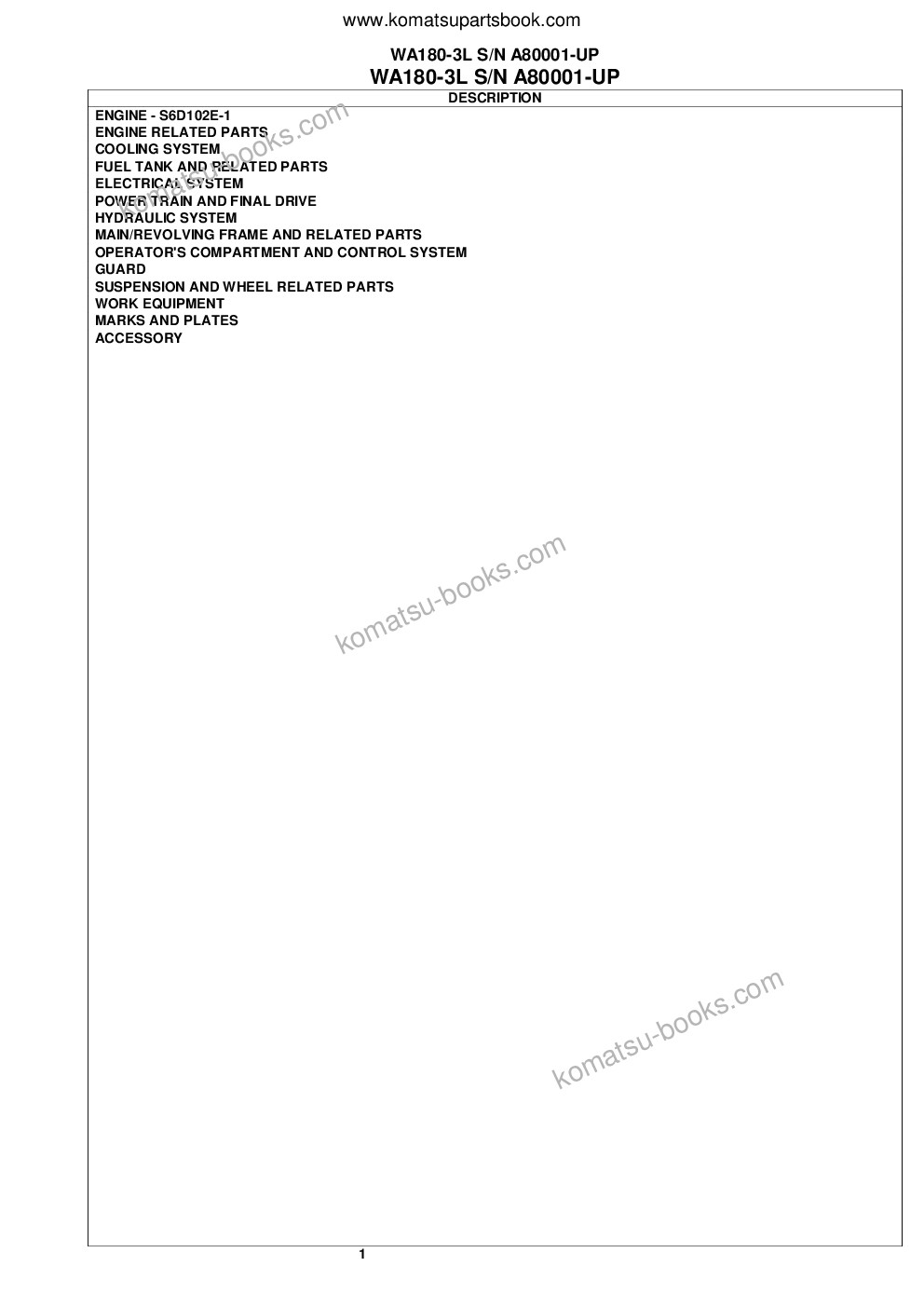 Komatsu wa180-3l s/n a80001-up Parts catalog cover Page 2
