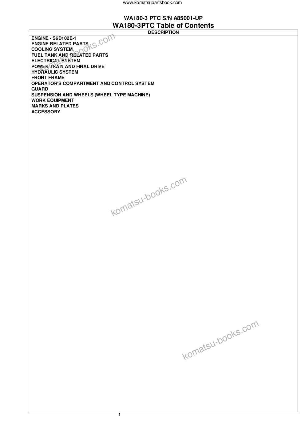 Komatsu wa180pt-3l s/n a85001-up Parts catalog cover Page 2