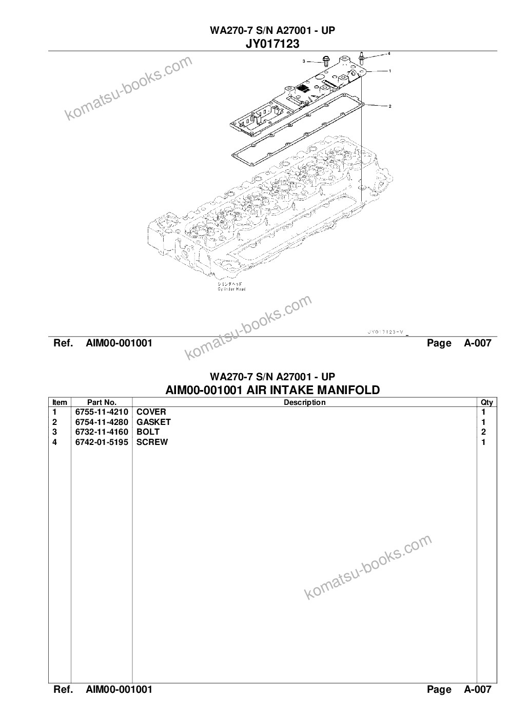 Komatsu wa270-7 s/n a27001 - up Parts catalog cover Page 7