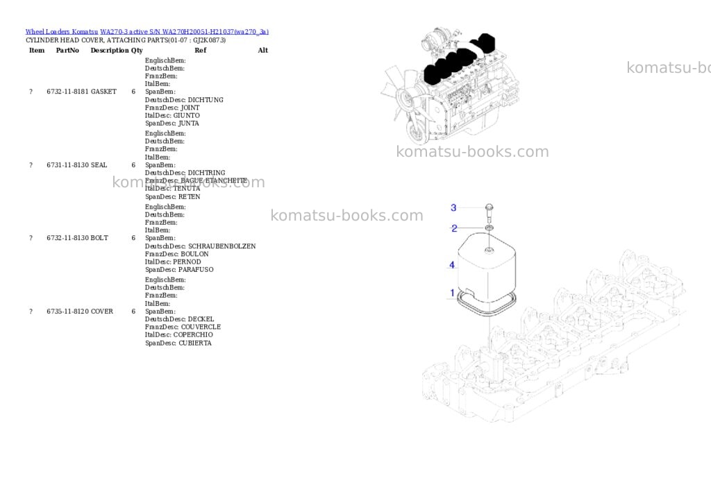 Komatsu wa270-3 active s/n wa270h20051-h21037 Parts catalog cover Page 6 Komatsu wa270-3 active s/n wa270h20051-h21037 Parts catalog cover Page 6