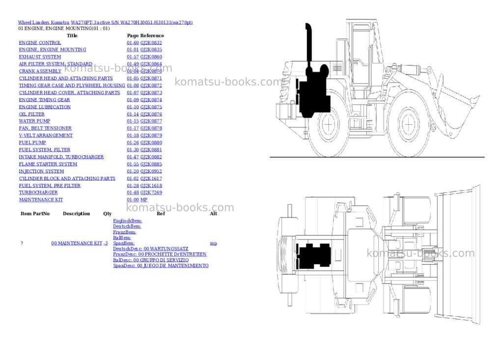 Komatsu wa270pt-3 active s/n wa270h30051-h30131 Parts catalog cover Komatsu wa270pt-3 active s/n wa270h30051-h30131 Parts catalog cover