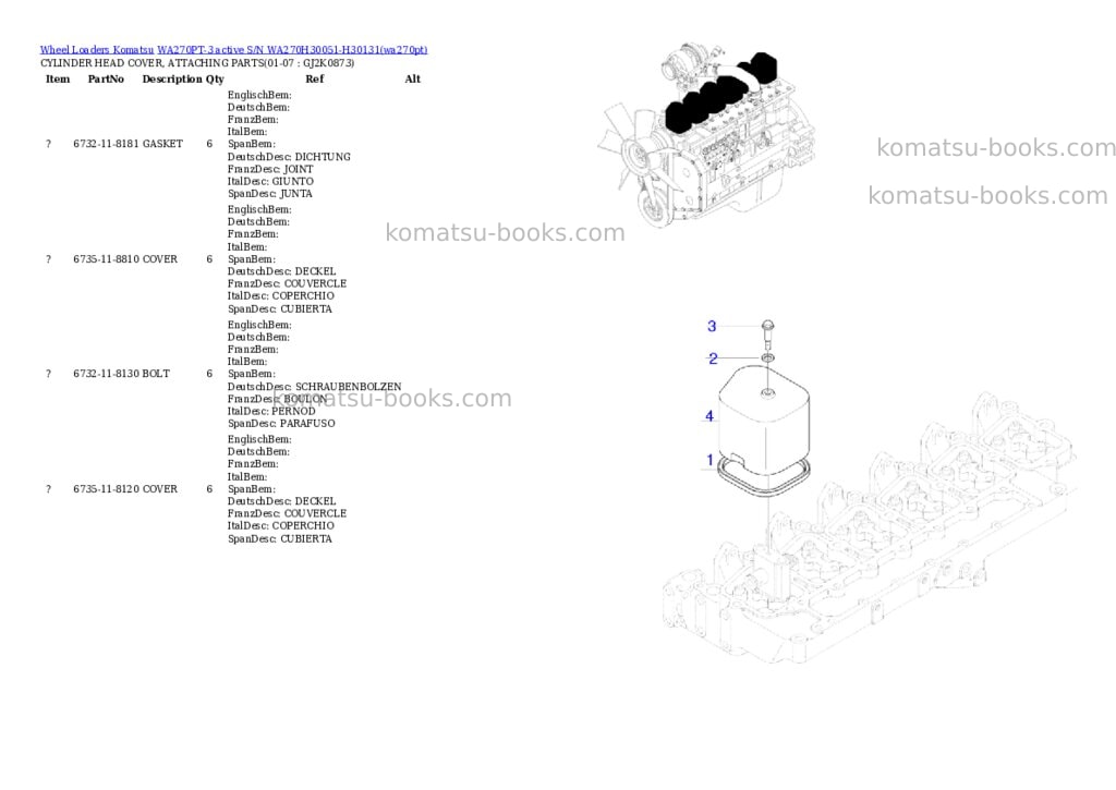 Komatsu wa270pt-3 active s/n wa270h30051-h30131 Parts catalog cover Page 6 Komatsu wa270pt-3 active s/n wa270h30051-h30131 Parts catalog cover Page 6