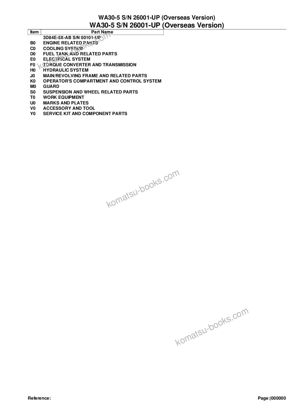 Komatsu wa30-5 s/n 26001-up overseas version Parts catalog cover