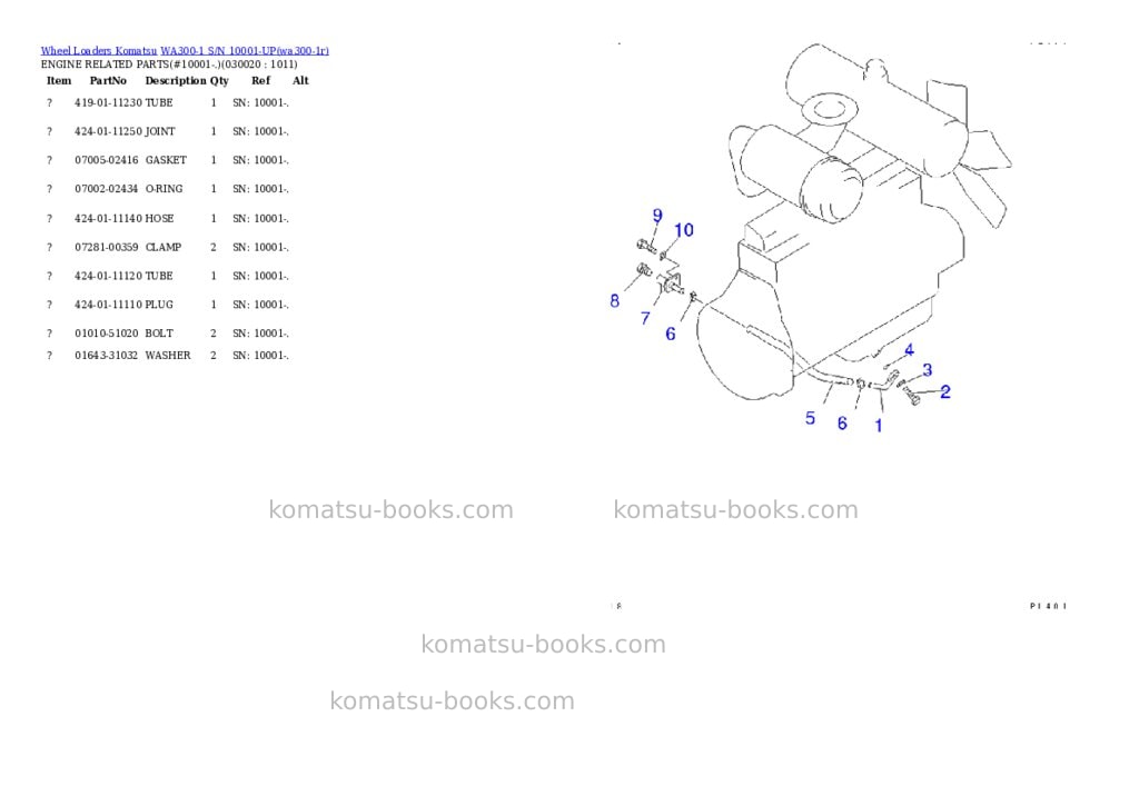 Komatsu wa300-1 s/n 10001-up Parts catalog cover Komatsu wa300-1 s/n 10001-up Parts catalog cover