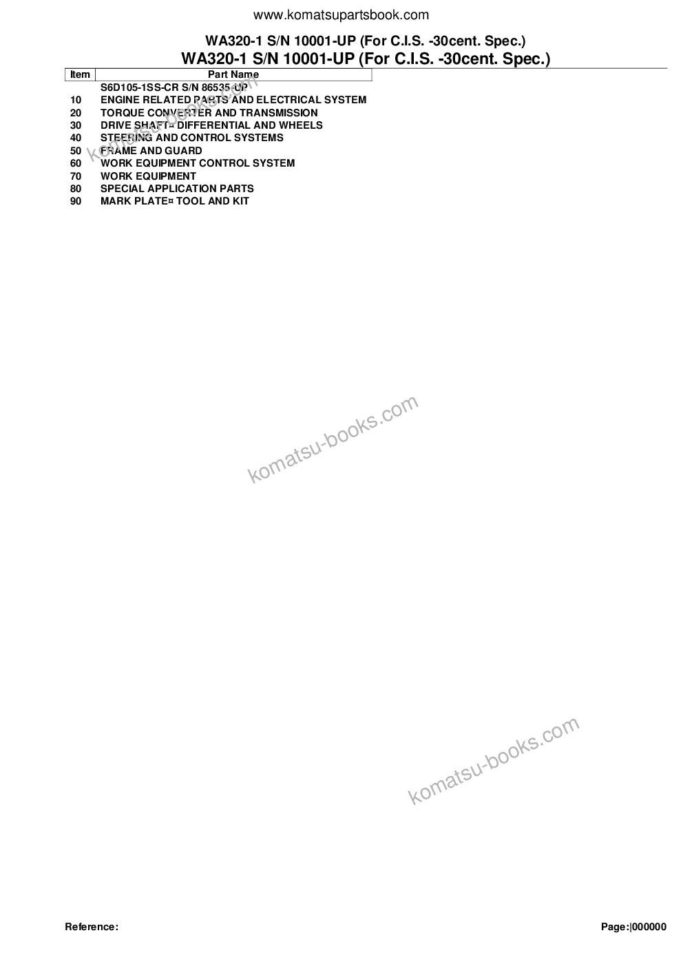 Komatsu WA320-1 S/N 10001-UP (For C.I.S. -30cent. Spec.) Parts catalog cover Komatsu WA320-1 S/N 10001-UP (For C.I.S. -30cent. Spec.) Parts catalog cover