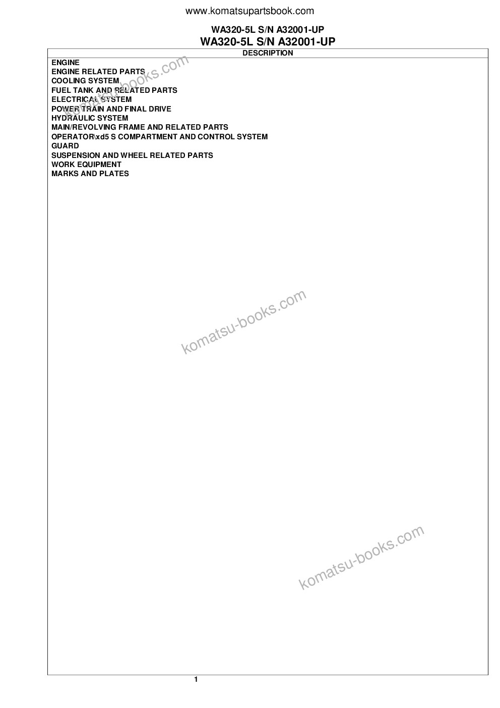 Komatsu wa320-5l s/n a32001-up Parts catalog cover Komatsu wa320-5l s/n a32001-up Parts catalog cover