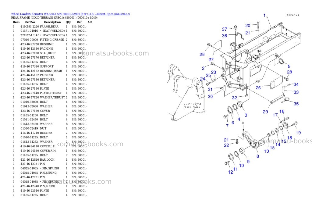 Komatsu WA320-3 S/N 50001-52999 (For C.I.S. -30cent. Spec.) Parts catalog cover Komatsu WA320-3 S/N 50001-52999 (For C.I.S. -30cent. Spec.) Parts catalog cover