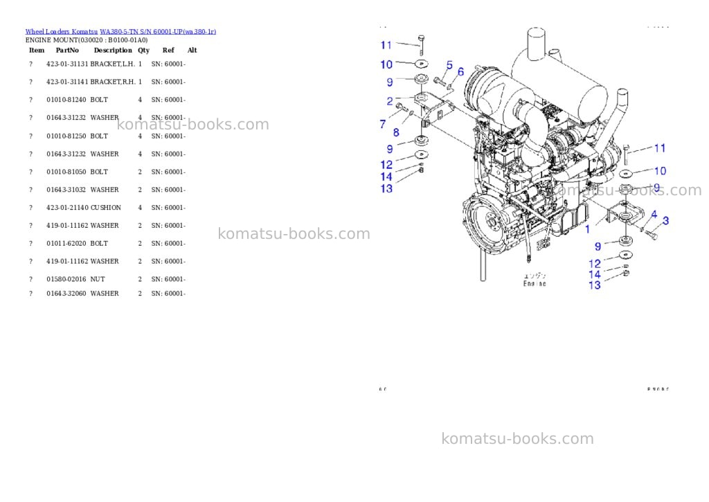 Komatsu WA380-5-TN S/N 60001-UP Parts catalog cover