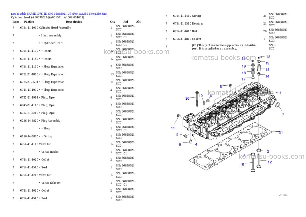 Komatsu SAA6D107E-1D S/N 36838021-UP (For WA380-6) Parts catalog cover