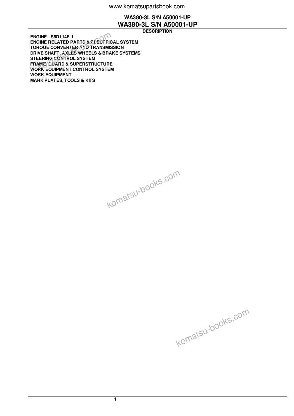 Komatsu WA380-3L S/N A50001-UP Parts catalog cover Page 2