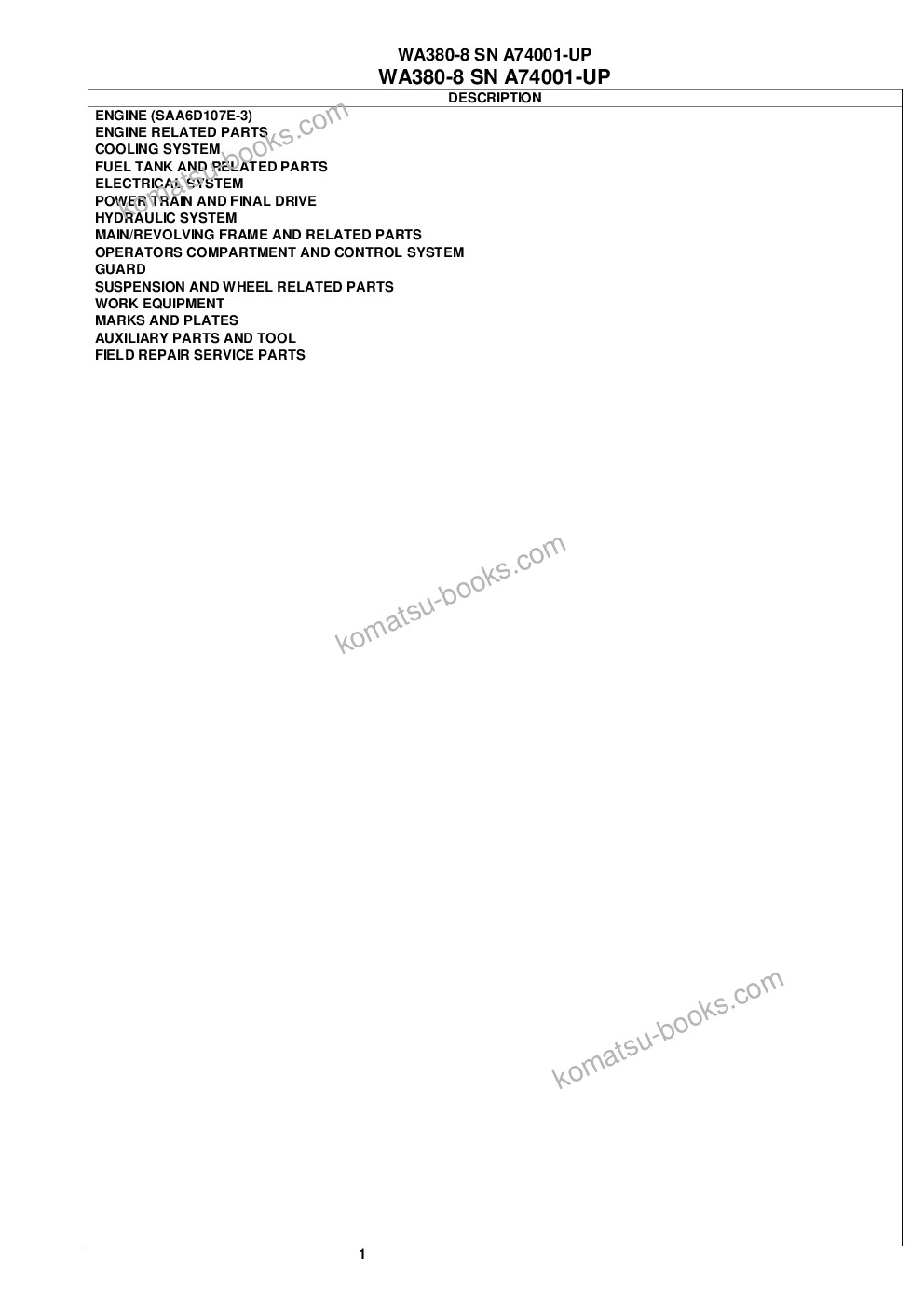 Komatsu wa380-8 sn a74001-up Parts catalog cover Komatsu wa380-8 sn a74001-up Parts catalog cover