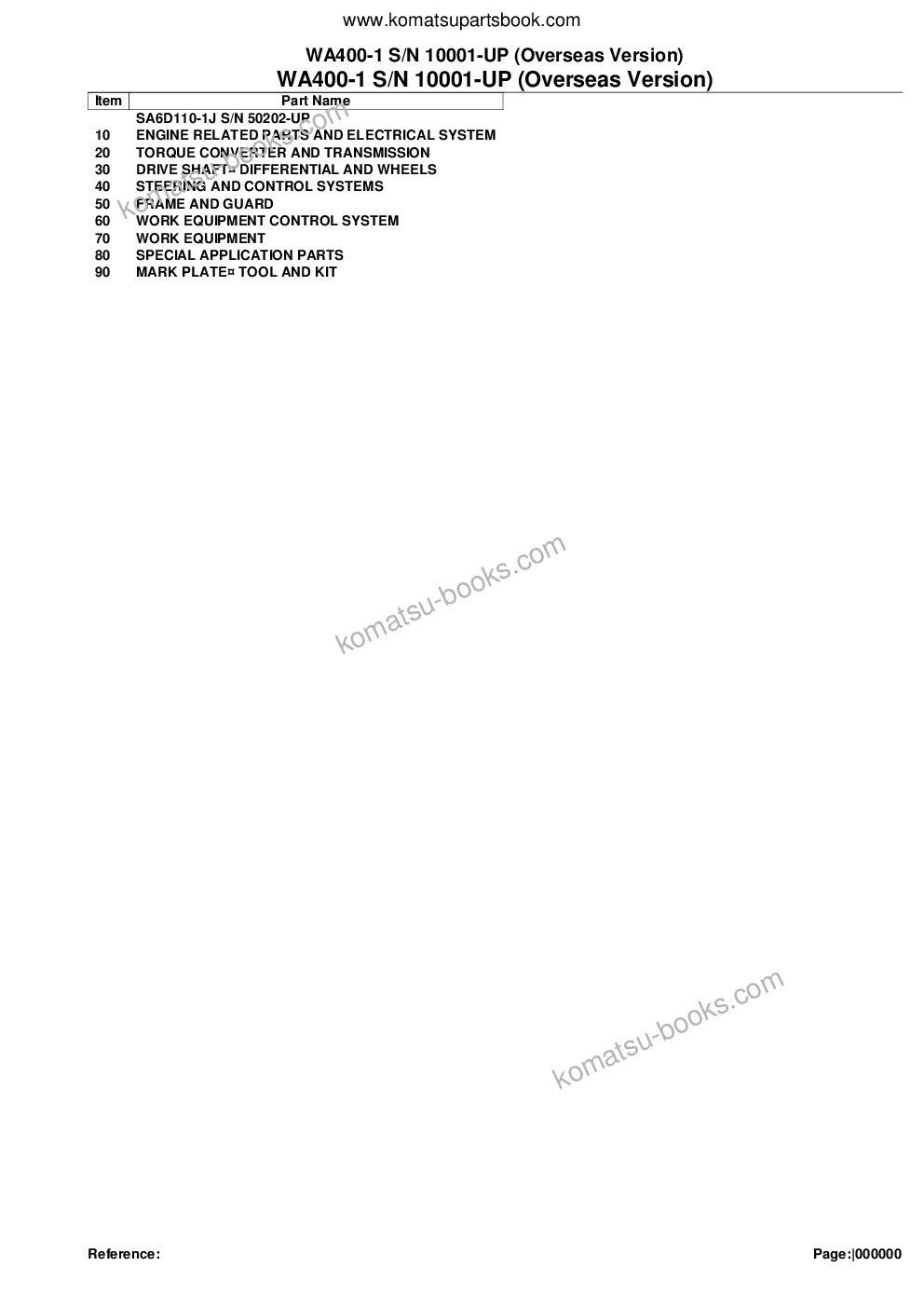 Komatsu WA400-1 S/N 10001-UP (Overseas Version) Parts catalog cover