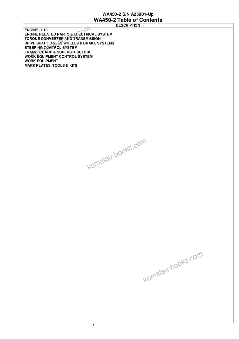 Komatsu wa450-2 s/n a25001-up Parts catalog cover Page 2 Komatsu wa450-2 s/n a25001-up Parts catalog cover Page 2