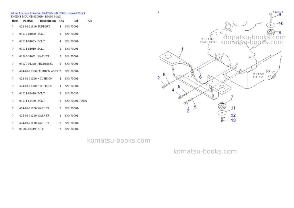 Komatsu wa470-5 s/n 70001-up overseas version Parts catalog cover