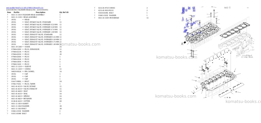 Komatsu WA475-11 S/N A70001-UP Parts catalog cover