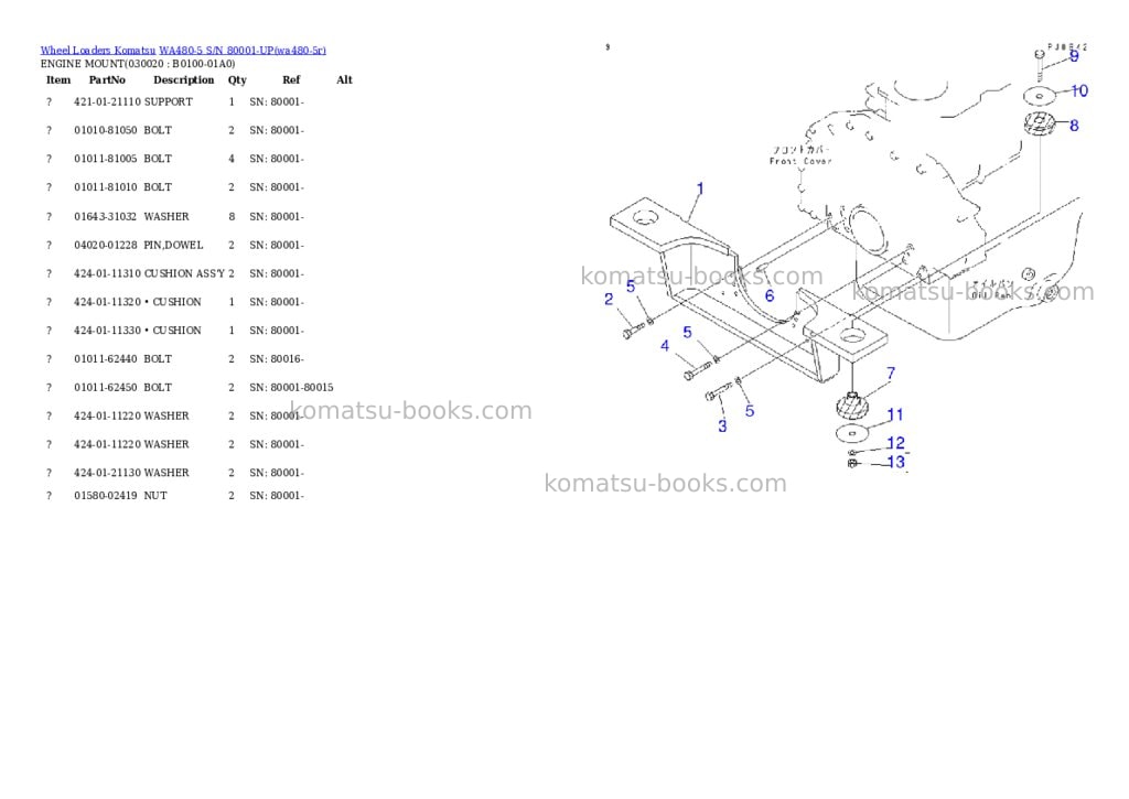 Komatsu wa480-5 s/n 80001-up Parts catalog cover