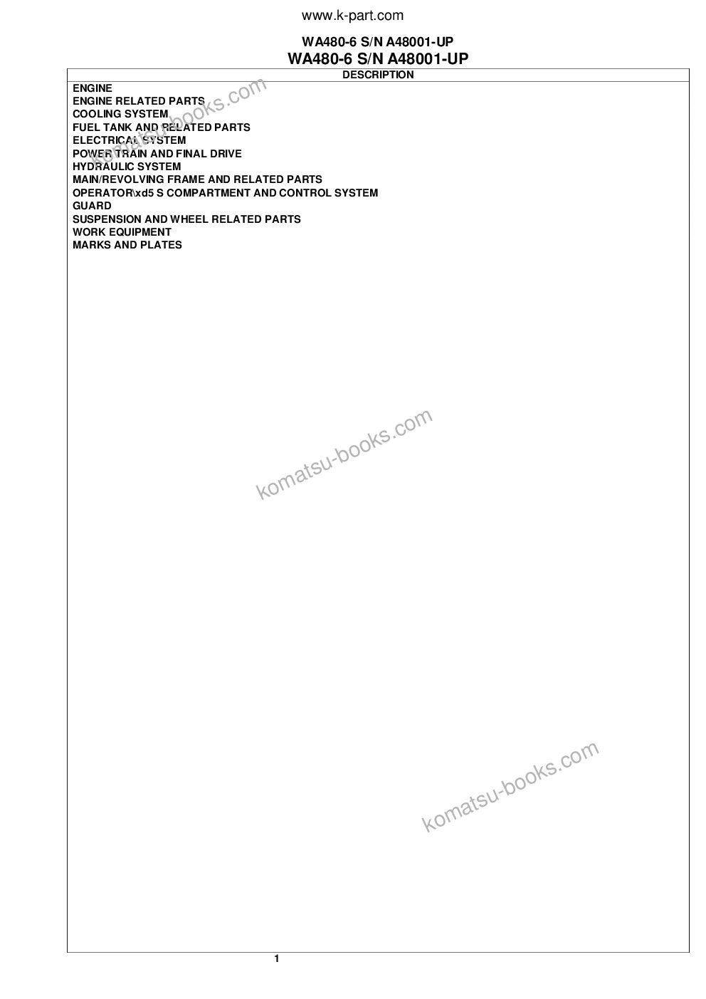 Komatsu WA480-6 S/N A48001-UP Parts catalog cover