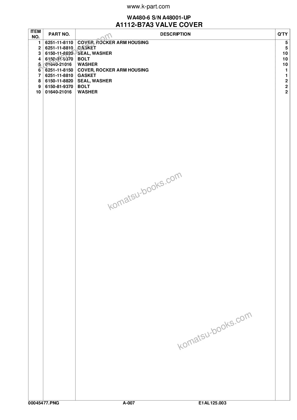 Komatsu WA480-6 S/N A48001-UP Parts catalog cover Page 8
