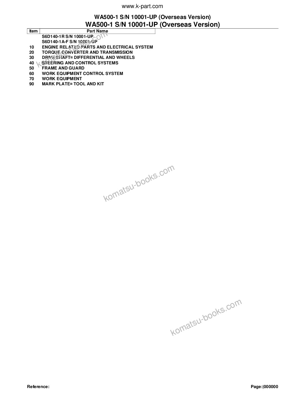 Komatsu WA500-1 S/N 10001-UP (Overseas Version) Parts catalog cover