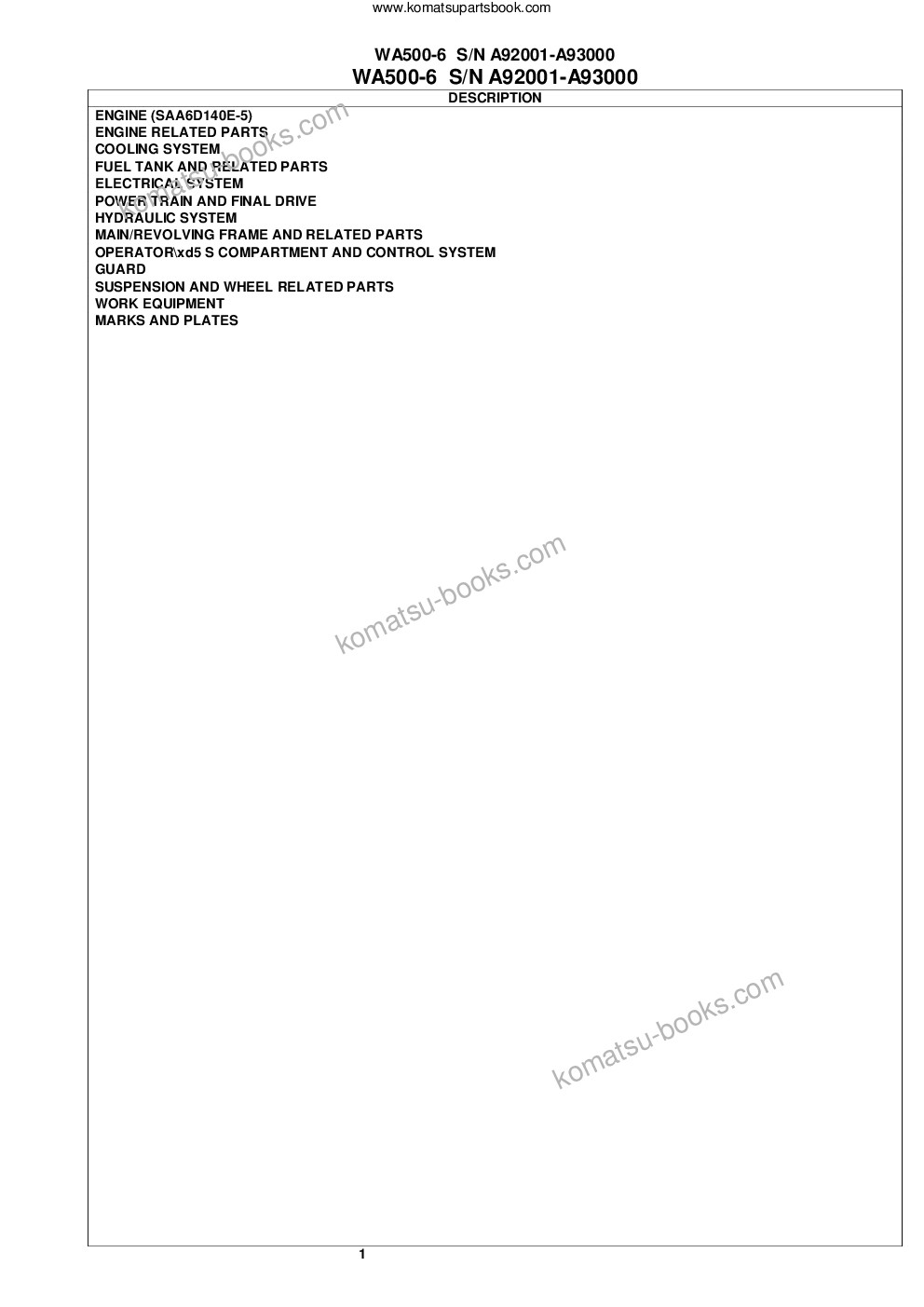 Komatsu wa500-6 s/n a92001-a93000 Parts catalog cover