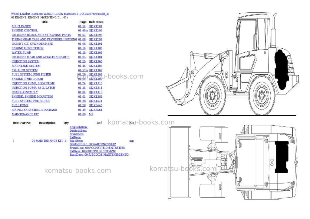 Komatsu wa65pt-3 s/n ha050051 - ha050074 Parts catalog cover
