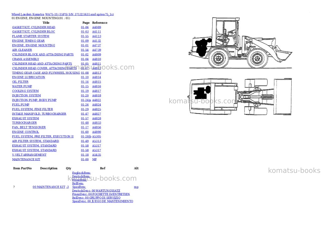 Komatsu wa75-1s 15fs s/n 371321631 and up Parts catalog cover