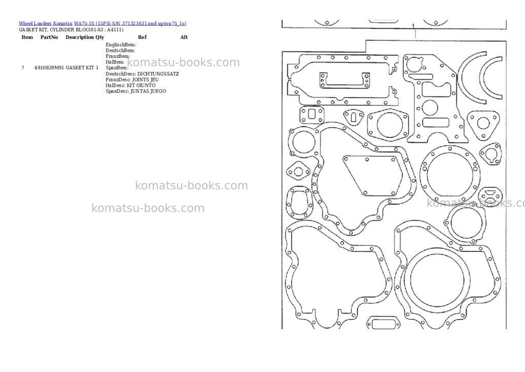 Komatsu wa75-1s 15fs s/n 371321631 and up Parts catalog cover Page 4