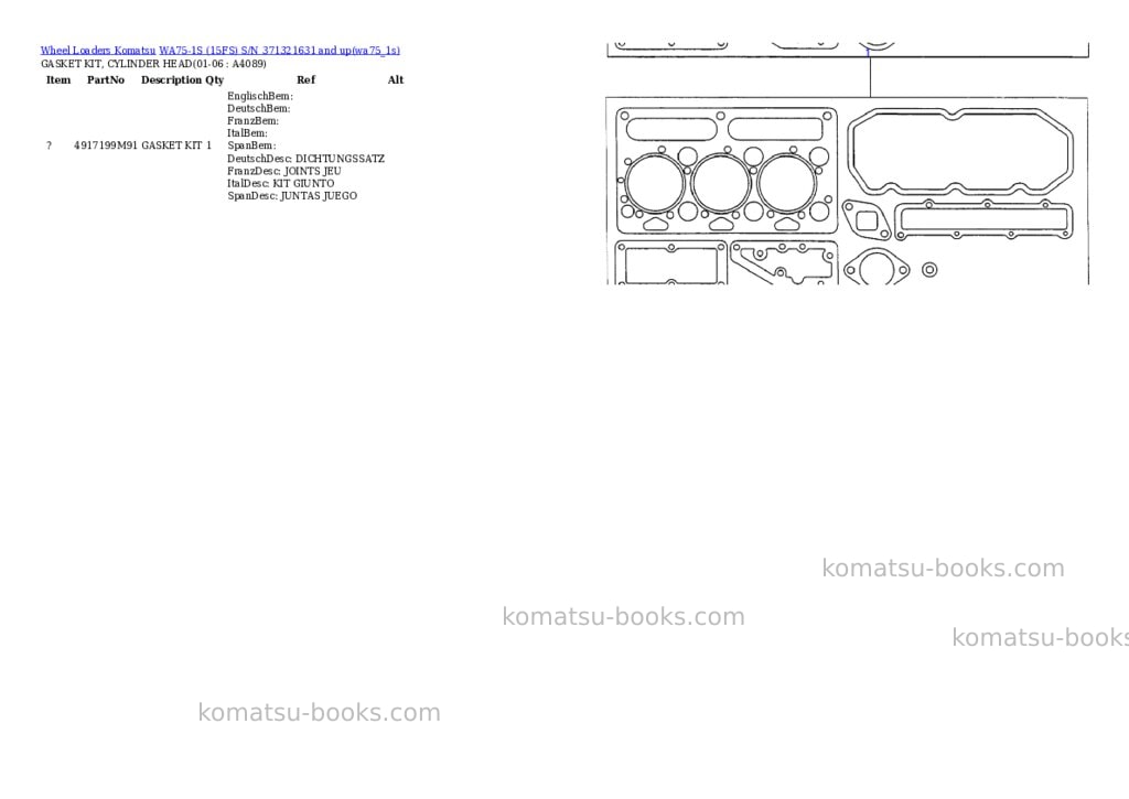 Komatsu wa75-1s 15fs s/n 371321631 and up Parts catalog cover Page 7
