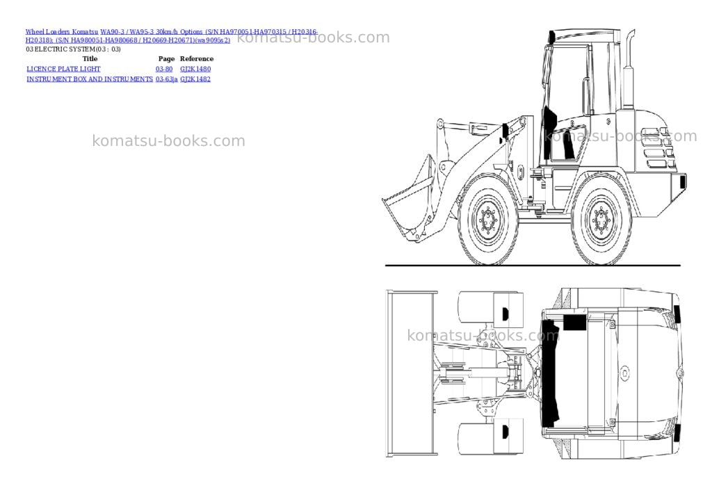 Komatsu WA90-3 / WA95-3 30km/h Options (S/N HA970051-HA970315 / H20316-H20318); (S/N HA980051-HA980668 / H20669-H20671) Parts catalog cover Komatsu WA90-3 / WA95-3 30km/h Options (S/N HA970051-HA970315 / H20316-H20318); (S/N HA980051-HA980668 / H20669-H20671) Parts catalog cover