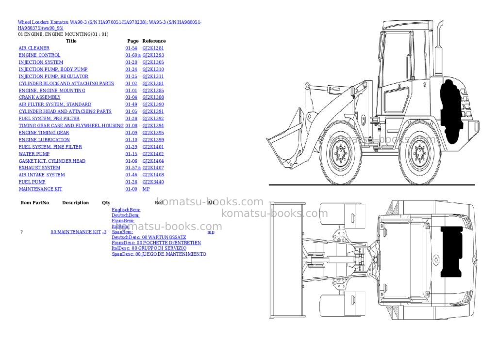 Komatsu wa90-3 s/n ha970051-ha970238; wa95-3 s/n ha980051-ha980375 Parts catalog cover Komatsu wa90-3 s/n ha970051-ha970238; wa95-3 s/n ha980051-ha980375 Parts catalog cover