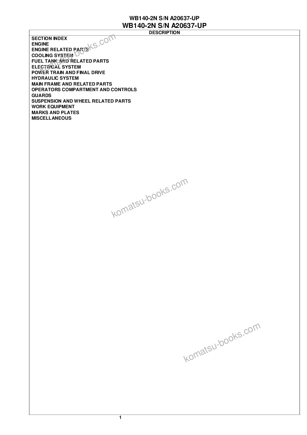 Komatsu wb140-2n s/n a20637-up Parts catalog cover Komatsu wb140-2n s/n a20637-up Parts catalog cover