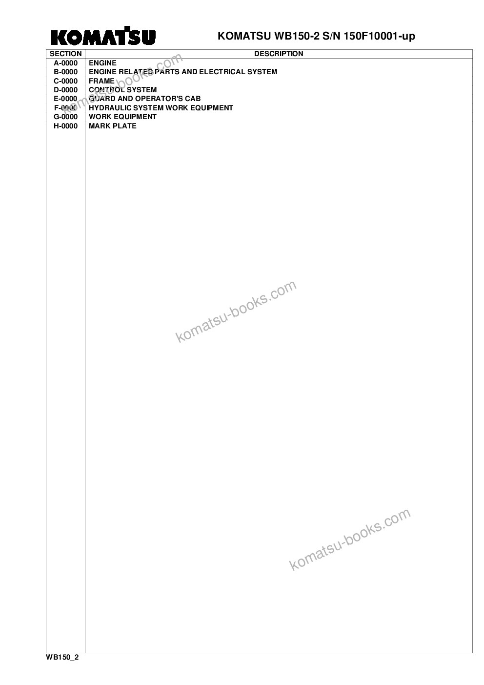 Komatsu wb150-2 s/n 150f10001-up Parts catalog cover Page 2 Komatsu wb150-2 s/n 150f10001-up Parts catalog cover Page 2