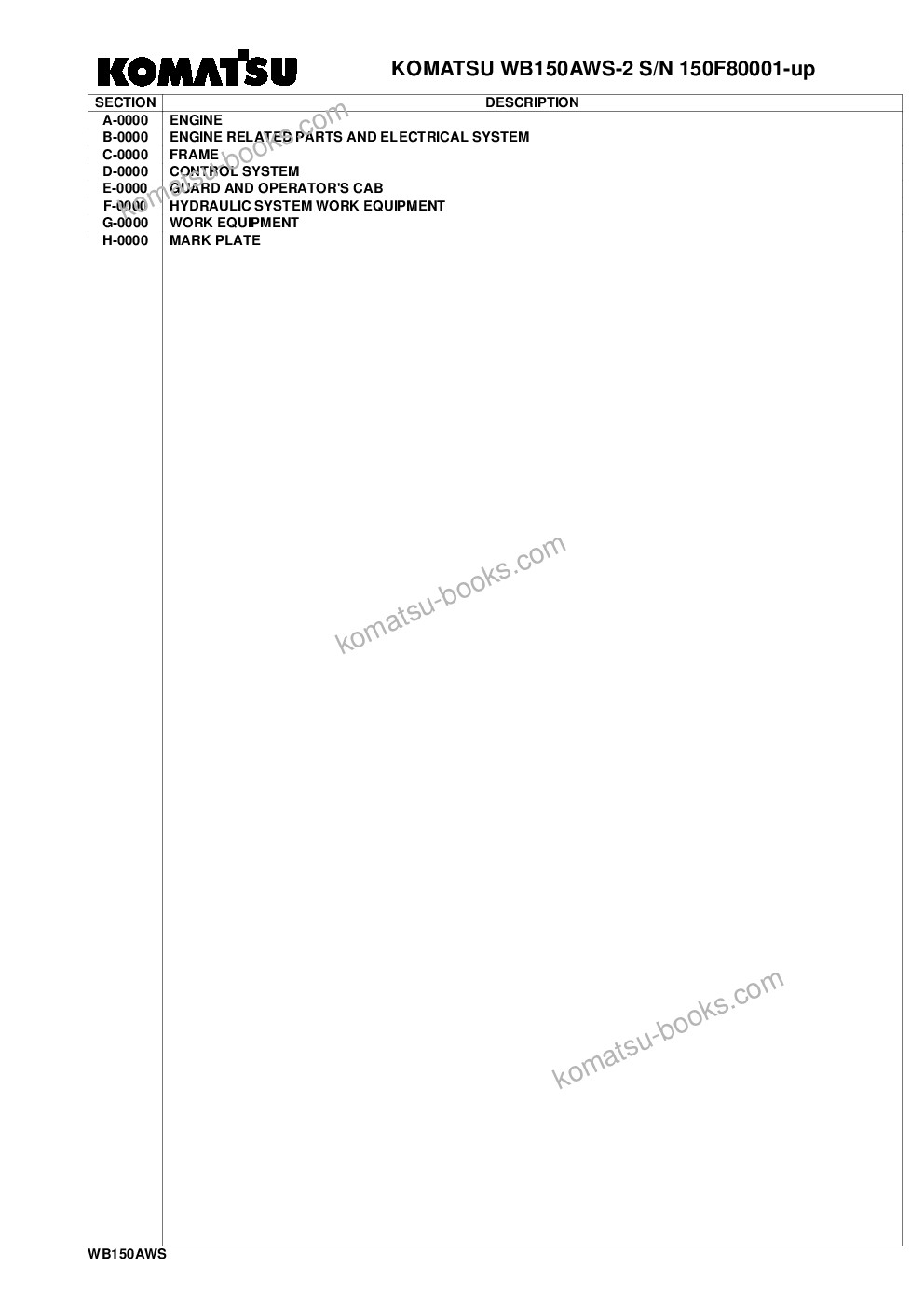 Komatsu wb150aws-2 s/n 150f80001-up Parts catalog cover
