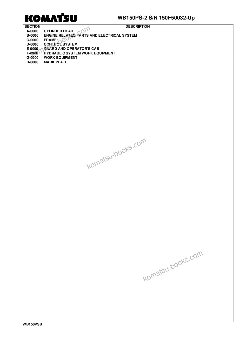 Komatsu wb150ps-2 s/n 150f50032-up Parts catalog cover Komatsu wb150ps-2 s/n 150f50032-up Parts catalog cover