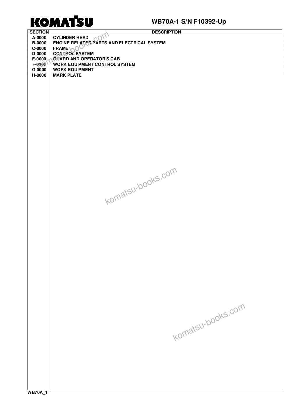 Komatsu wb70a-1 s/n f10392-up Catalogue de pièces couverture