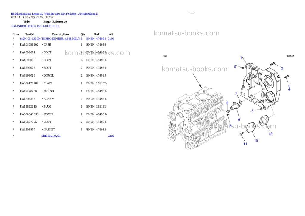 Komatsu WB93R-5E0 S/N F61569- UP Parts catalog cover Page 9