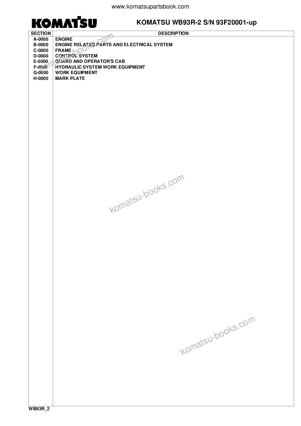 Komatsu wb93r-2 s/n 93f20001-up Parts catalog cover Page 2 Komatsu wb93r-2 s/n 93f20001-up Parts catalog cover Page 2