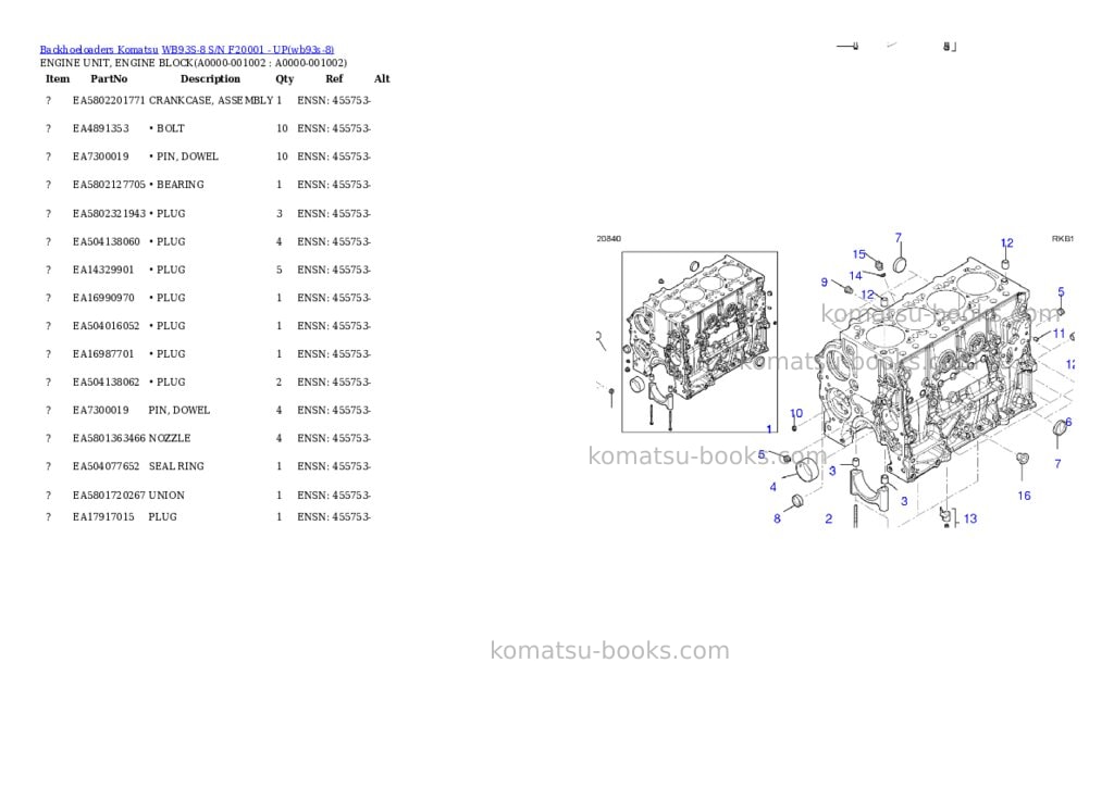 Komatsu WB93S-8 S/N F20001 - UP Parts catalog cover Komatsu WB93S-8 S/N F20001 - UP Parts catalog cover