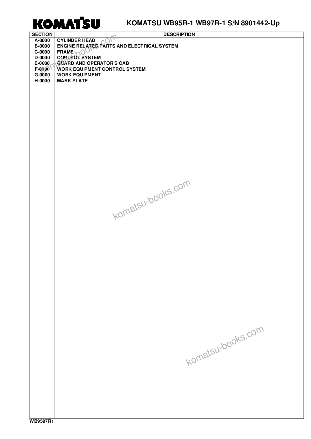 Komatsu wb95r-1 wb97r-1 s/n 8901442-up Parts catalog cover Page 2 Komatsu wb95r-1 wb97r-1 s/n 8901442-up Parts catalog cover Page 2
