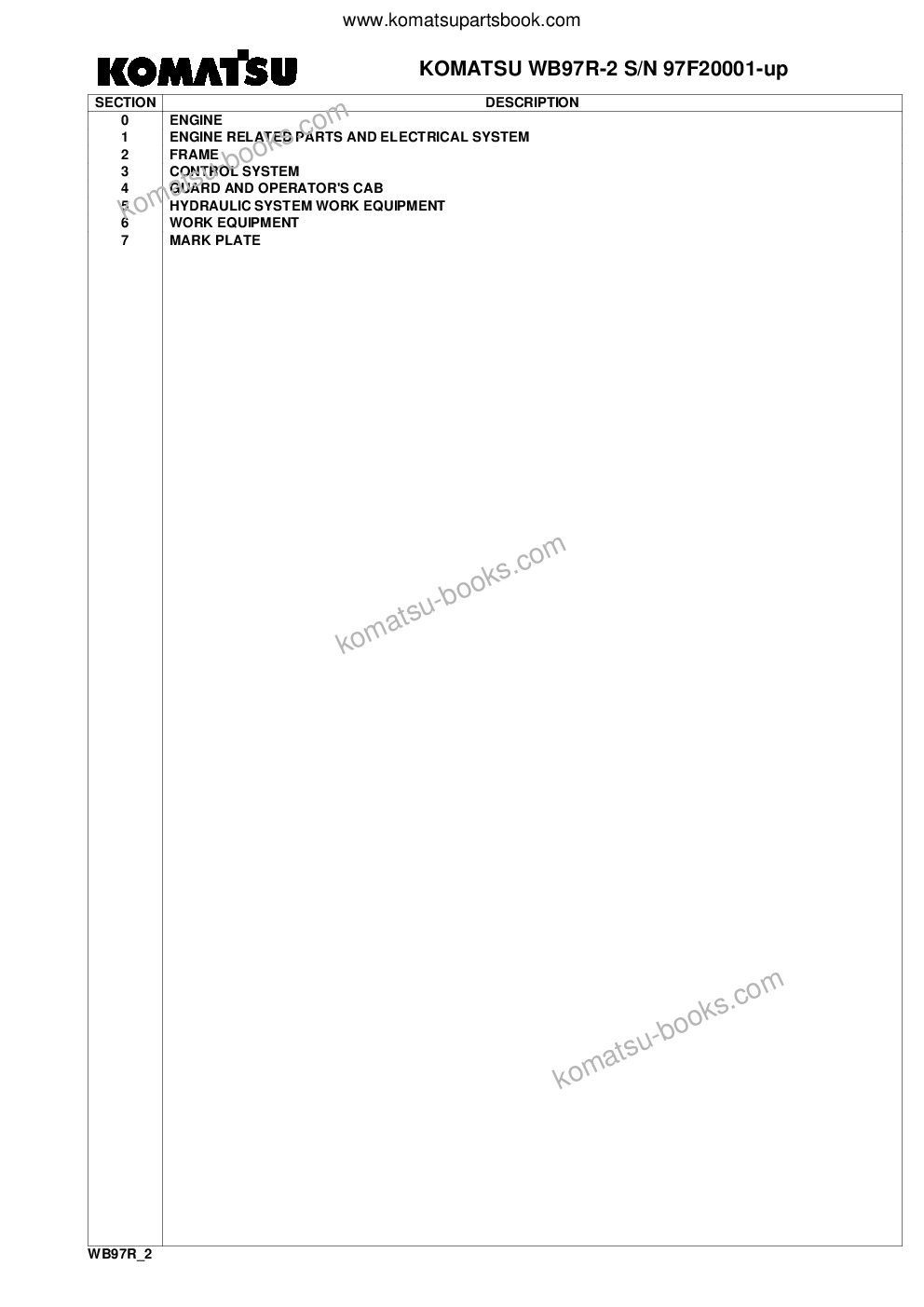 Komatsu wb97r-2 s/n 97f20001-up Parts catalog cover Komatsu wb97r-2 s/n 97f20001-up Parts catalog cover