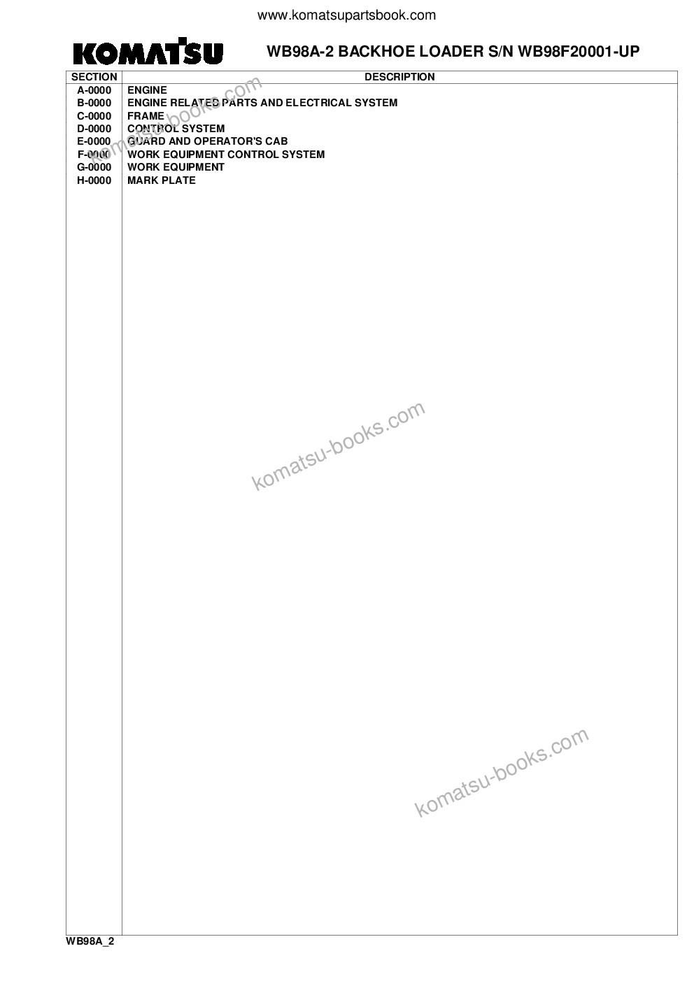 Komatsu wb98a-2 s/n wb98f20001-up Parts catalog cover