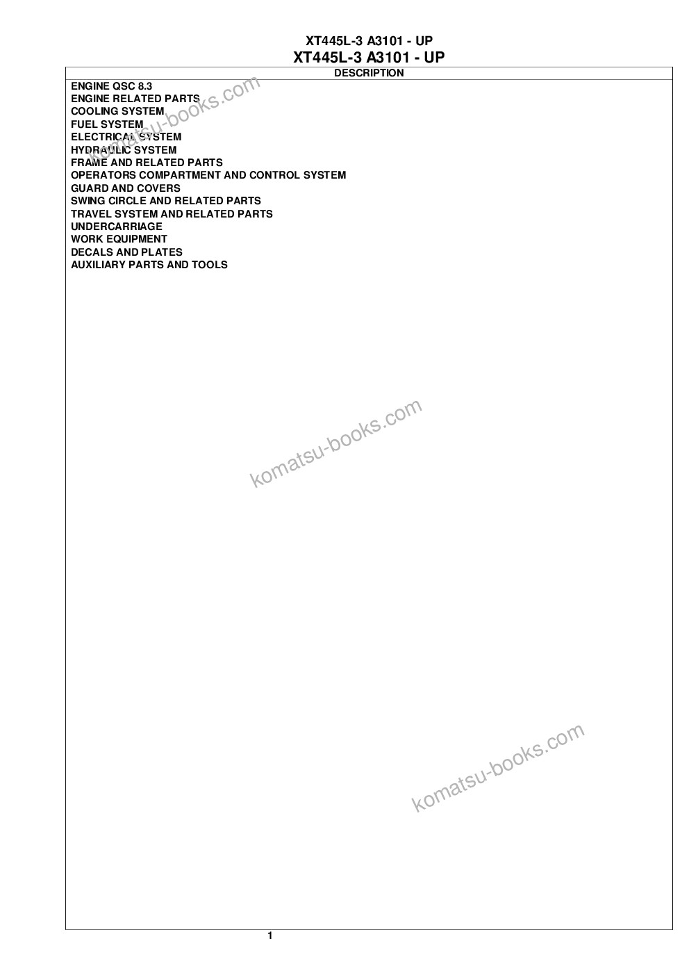 Komatsu xt445l-3 a3101 - up Parts catalog cover Komatsu xt445l-3 a3101 - up Parts catalog cover