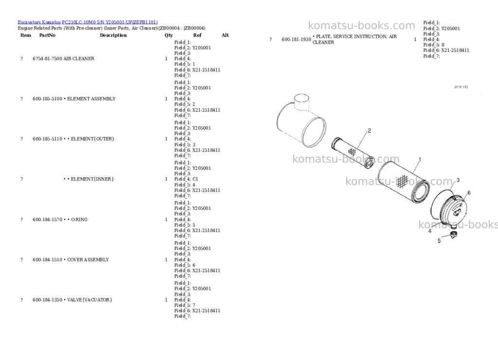 Komatsu PC210LC-10M0 S/N Y205001-UP Parts catalog cover