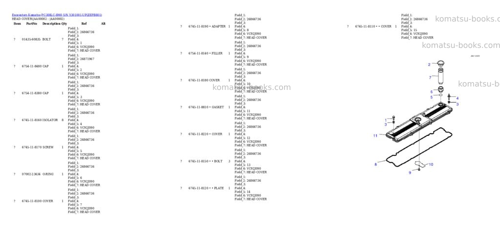 Komatsu pc300lc-8m0 s/n y301001-up Parts catalog cover