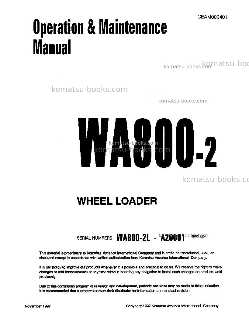 Komatsu wa800-2usa-l Operation manual cover Komatsu wa800-2usa-l Operation manual cover